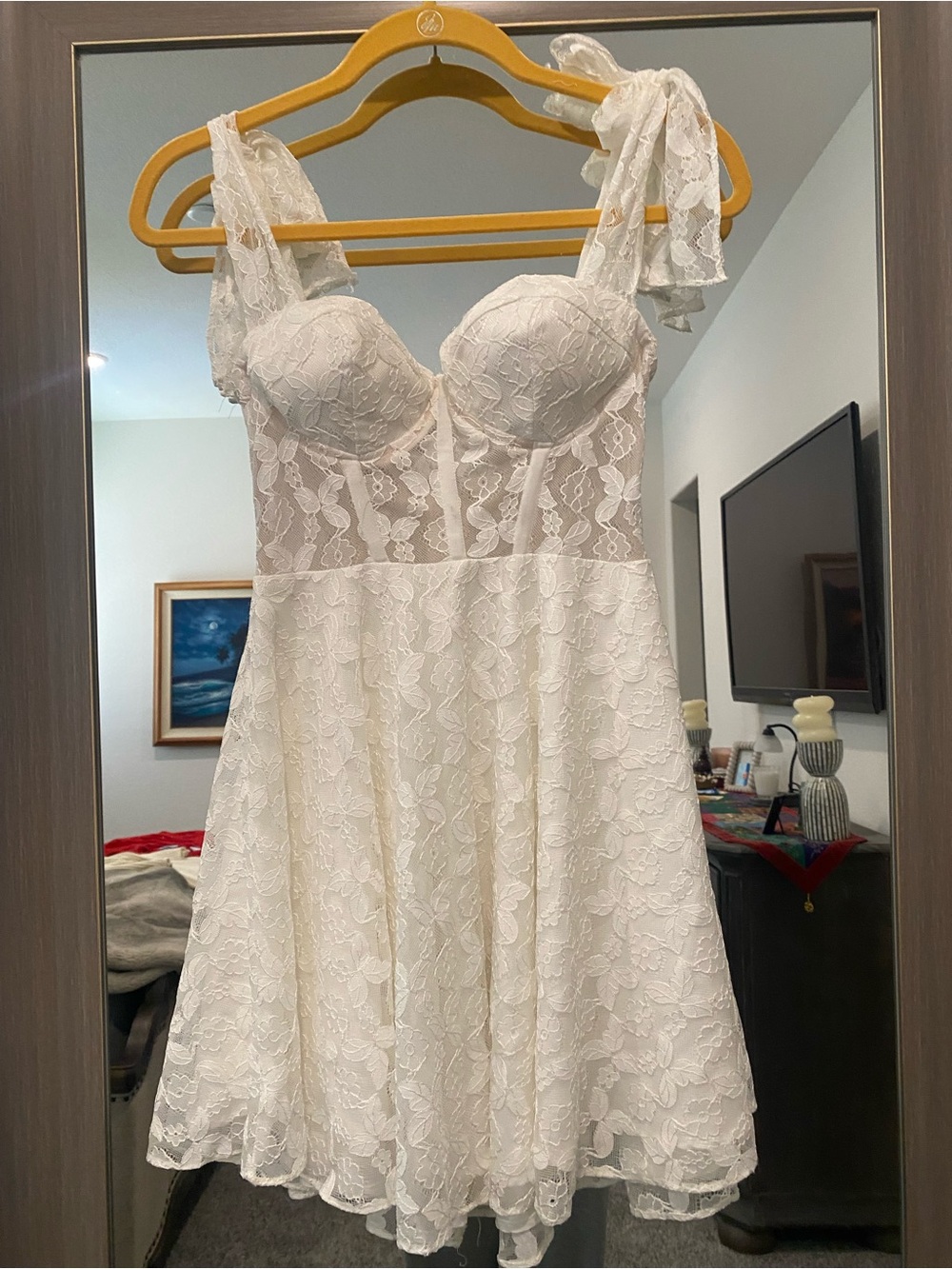 Source Unknown White Lace A-Line Mini Dress with Tie Shoulder Straps